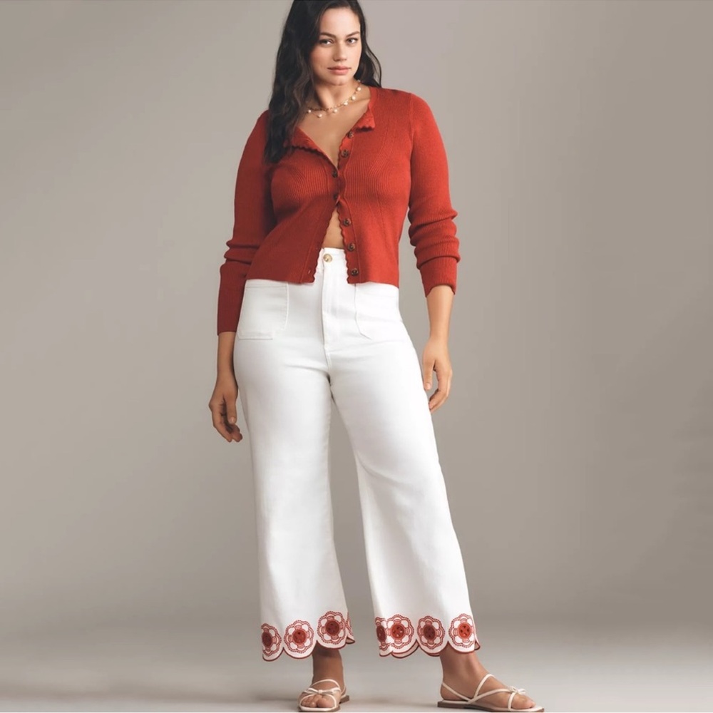 NWT Anthropologie Maeve Colette Scallop Hem Crop Wide Leg Jeans Embroidered 28 - Picture 3 of 5